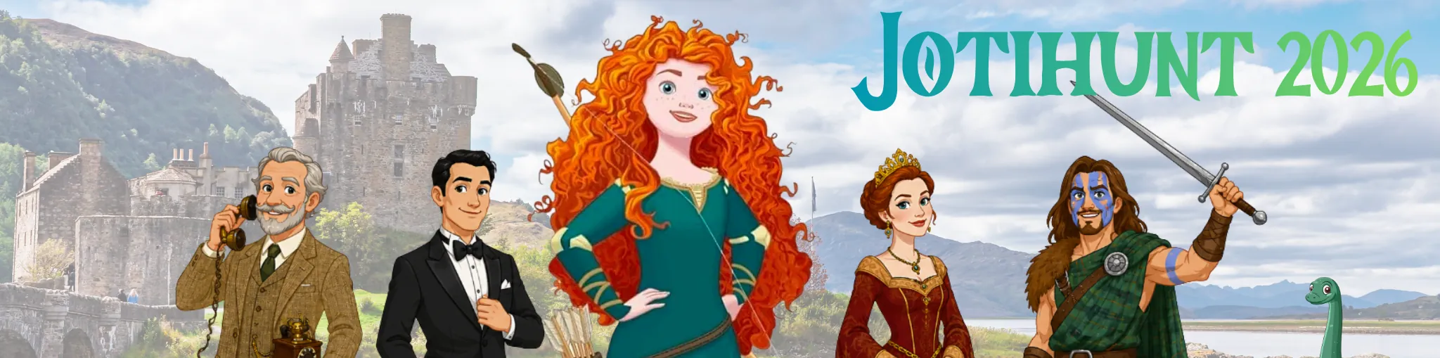 Banner van de Jotihunt 2026: Merida en vier andere personages voor een Schots kasteel.